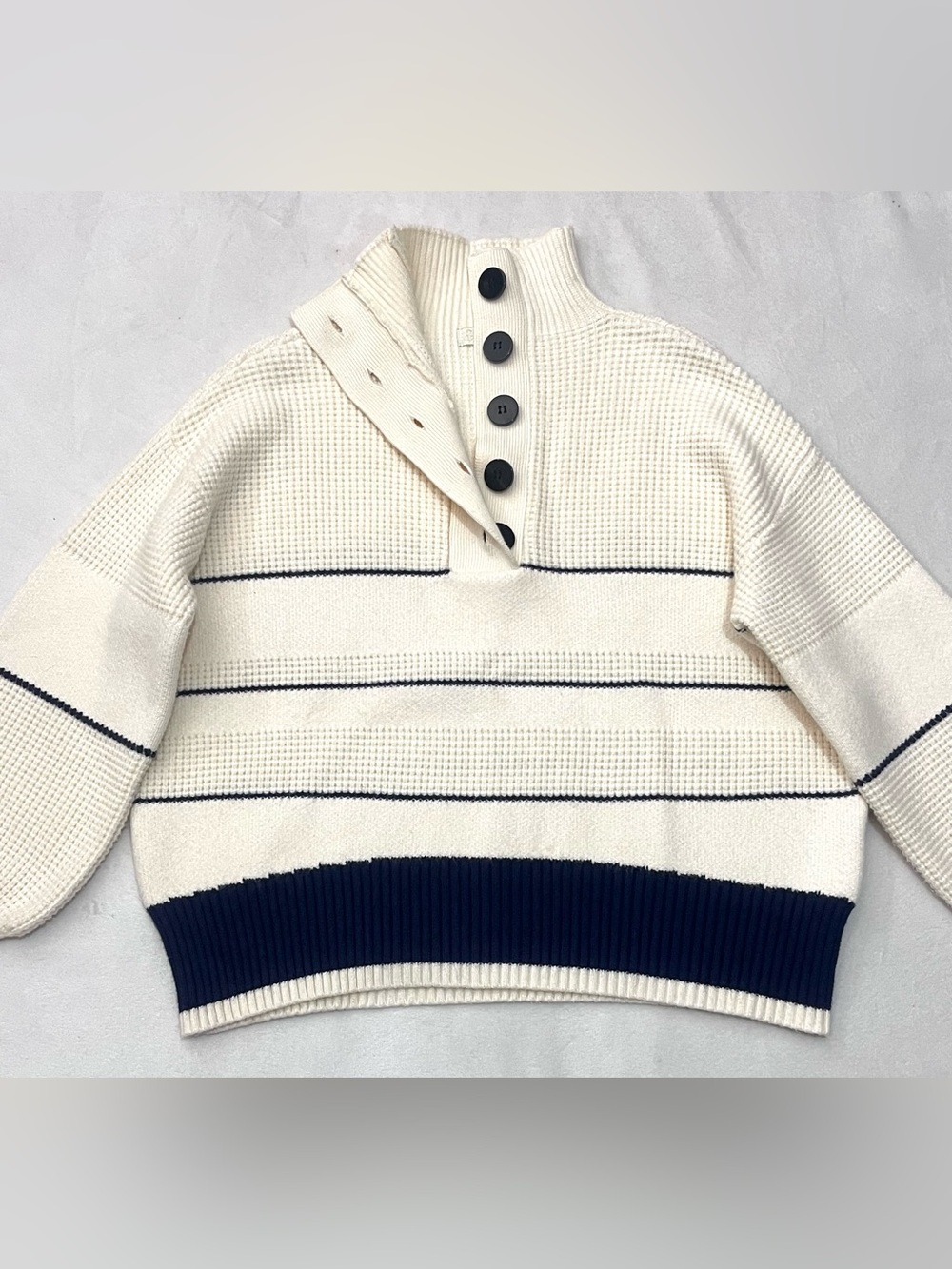 Vita Grace Cream and Navy Soft Thick Button Up Neck Waffle Sweater Women's Top - Picture 10 of 16